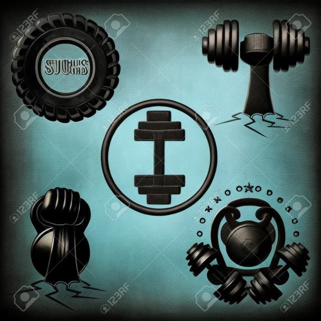 Conjunto de fitness silhueta vintage. Definir emblemas desportivos. Mãos com haltere e kettlebell, WHEEL para treinamento de força.