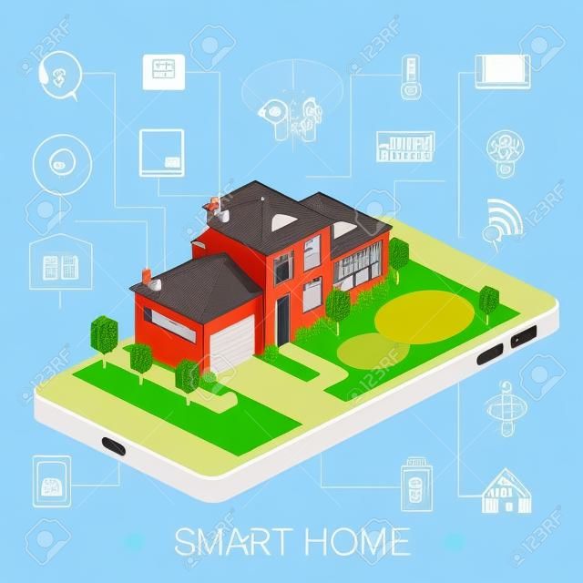 Smart Home mit Outline Symbole auf Smartphone. Isometrische Haus.