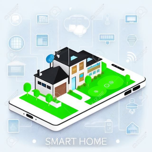 Smart Home mit Outline Symbole auf Smartphone. Isometrische Haus.