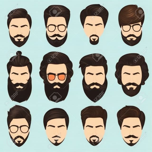 Un conjunto de peinados para hombre, barbas y cortes de pelo mustaches.Gentlmen y afeitados. digital de la mano dibuja ilustración vectorial.
