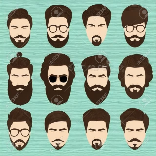 A set of mens hairstyles, beards and mustaches.Gentlmen haircuts and shaves.  Digital hand drawn vector illustration.