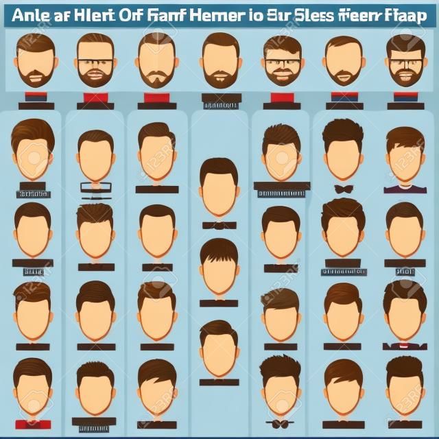 Un conjunto de peinados para hombre para diferentes tipos de rostros. ¿Cómo encontrar mejor peinado para su Shap cara. Vector de dibujos animados ilustración digital. Diseño plano