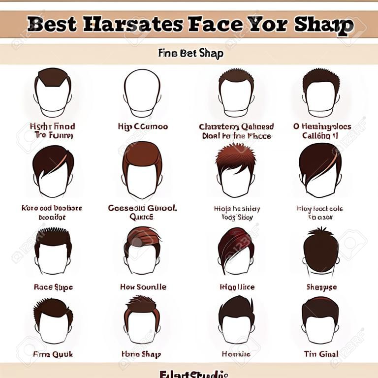 一套男士发型不同类型面临着如何找到你的脸形状的卡通矢量数字插画平面设计最佳发型