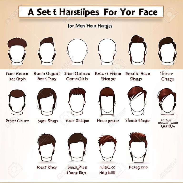 一組男子的髮型不同類型的面孔。如何找到你的臉十八最佳髮型。卡通矢量插圖數字。扁平設計