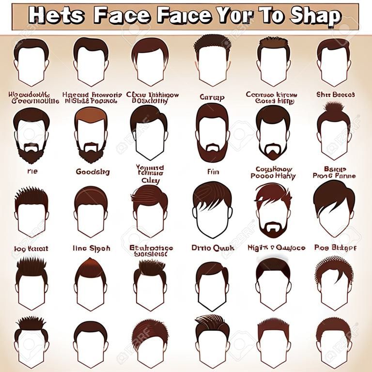 一套男士发型不同类型面临着如何找到你的脸形状的卡通矢量数字插画平面设计最佳发型