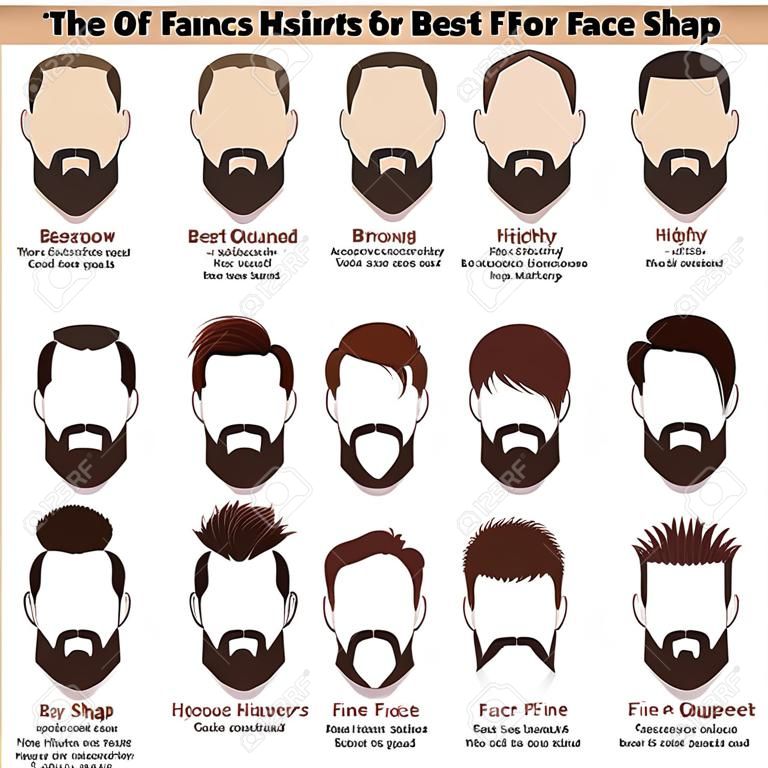 Egy sor férfi frizurák különböző típusú arcokat. Hogyan lehet megtalálni a legjobb frizura az arcod shap. Cartoon vektoros digitális illusztráció. lapos kialakítás