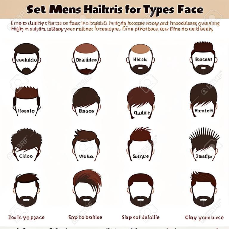一組男子的髮型不同類型的面孔。如何找到你的臉十八最佳髮型。卡通矢量插圖數字。扁平設計