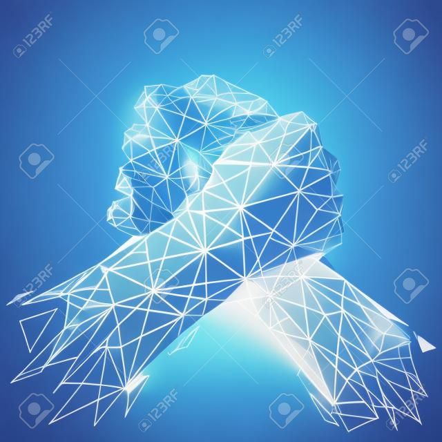 Vector isolated brotherly handshake. Low poly wireframe and points. Polygonal 3D white agreement concept on dark background. Business concept with geometry triangle. Abstract deal mash line origami