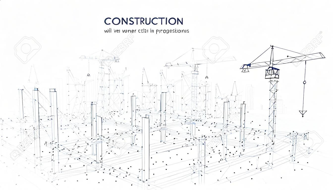Construction site with building equipment isolated in white background. 3d working tower cranes in the city. Abstract polygonal concept of construction. Vector sketch illustration.