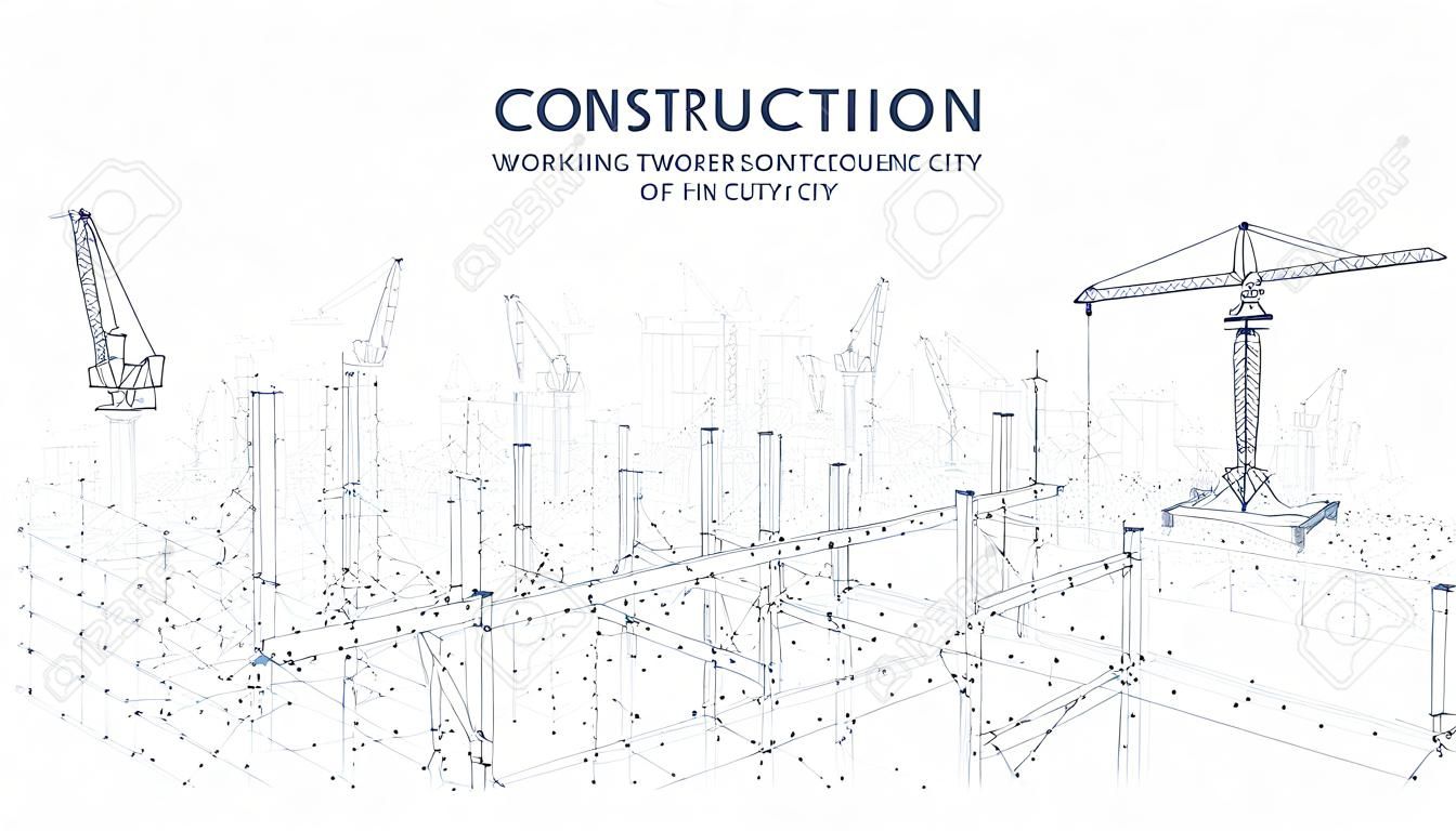 Baustelle mit der Gebäudeausrüstung lokalisiert im weißen Hintergrund. 3D-Turmdrehkrane in der Stadt. Abstraktes polygonales Baukonzept. Skizze Vektorgrafik.