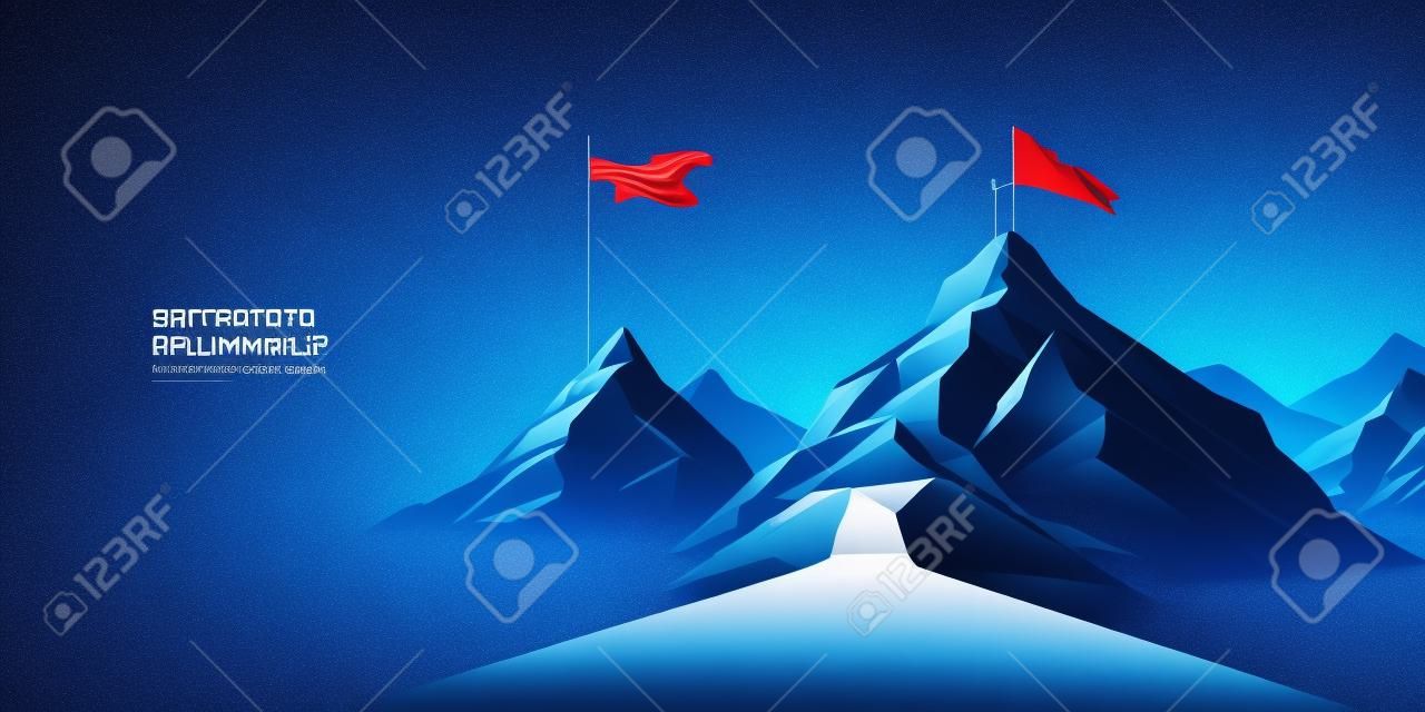 Digital mountain with a flag and a professional climbing businessman on the top. Abstract goals achievement and ambitions concept. Technology dark blue background with peaks and constellations.