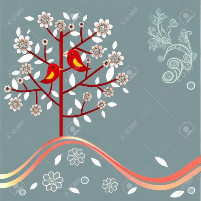 Decoratieve bloemenboom en vogel, vector illustratie