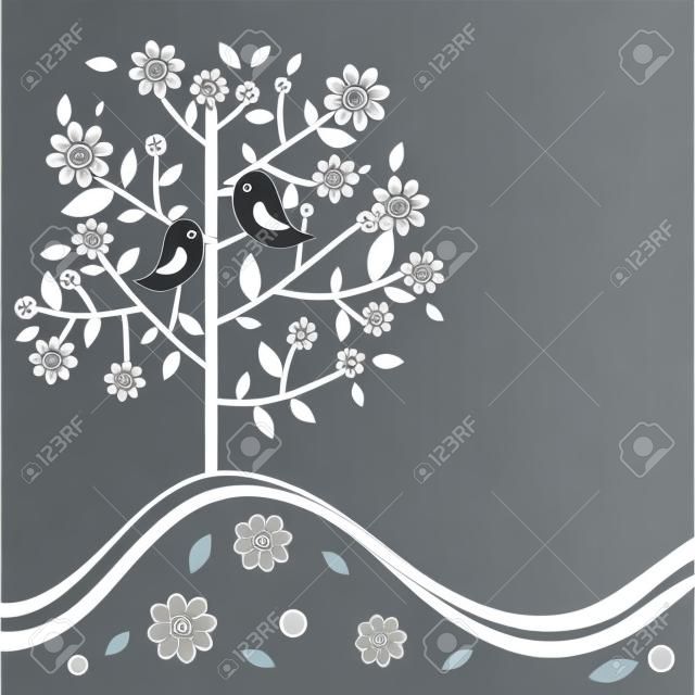Decoratieve bloemenboom en vogel, vector illustratie