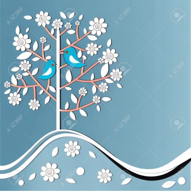 Decorativo albero floreale e uccelli, illustrazione vettoriale