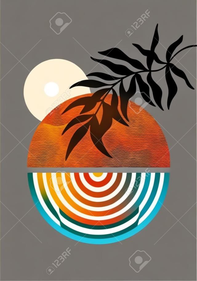 Abstrakcyjne słońce księżyc liście wydruku boho minimalistyczny druku sztuki ścienne geometryczne abstrakcyjne zachód słońca wydruku artystycznej pracy artystycznej, wektor