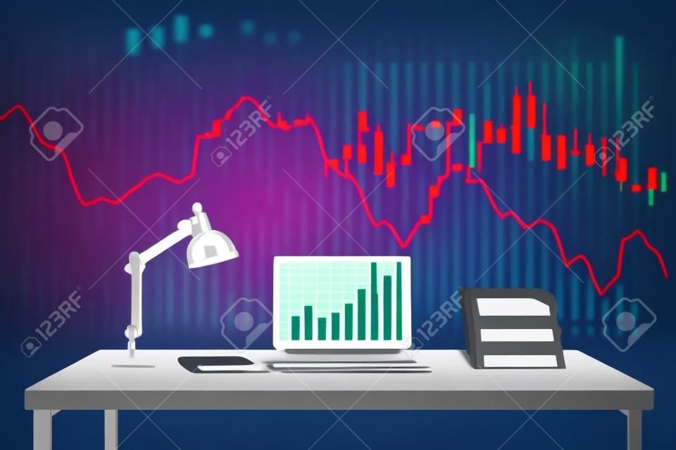 Grafico del mercato azionario e sfondo del computer da ufficio desktop. Multi esposizione. Concetto di analisi finanziaria.
