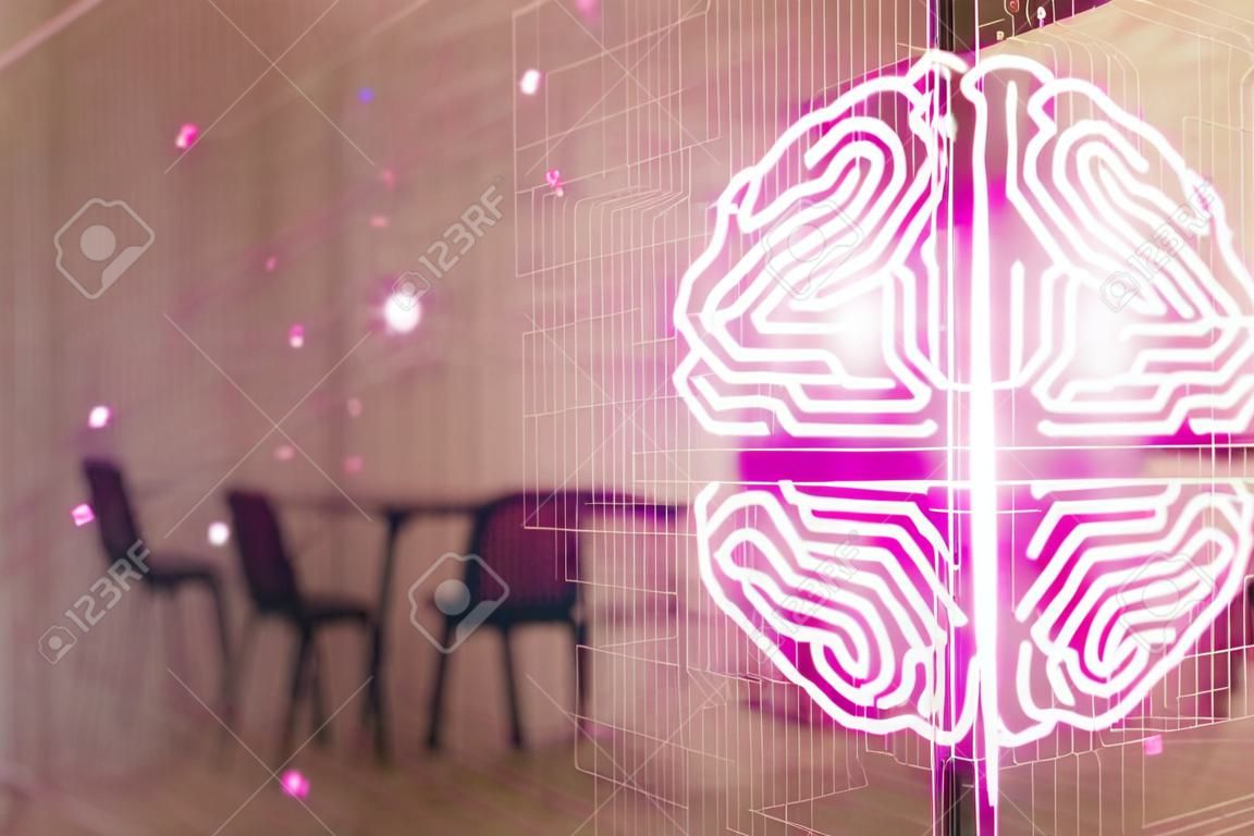 Brain sign hologram with minimalistic cabinet background. Double exposure. Ai concept.