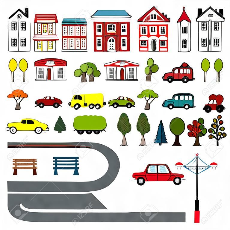 Set of kids city map elements. Vector illustration. Buildings, cars, road, tress, and other city objects