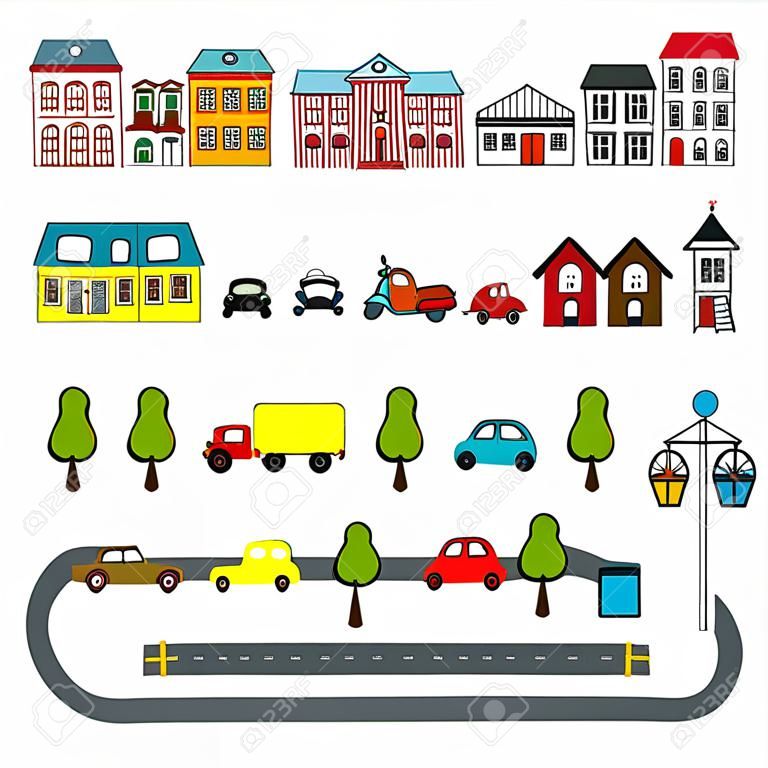 Set von Kinder Stadtkarte Elemente. Vektor-Illustration. Gebäude, Autos, Straße, Tress und andere Stadtobjekte