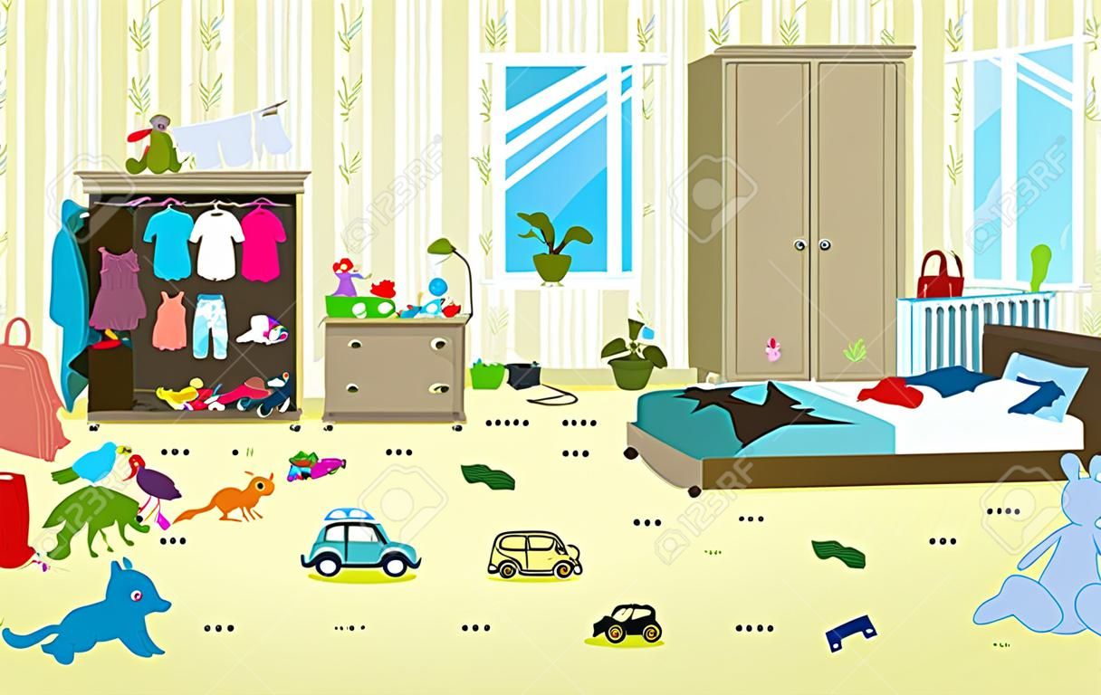 Rommelige kamer waar jonge familie met kleine baby woont. Onopvallende kamer. Cartoon rotzooi in de kamer. Onverzamelde speelgoed, dingen. Reinigen vector illustratie.