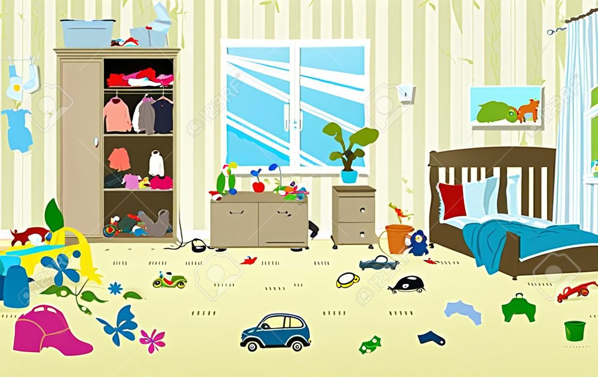 凌乱的房间里有小宝宝的年轻家庭生活不整洁的房间乱糟糟的房间没有卡通玩具清洁用品矢量图