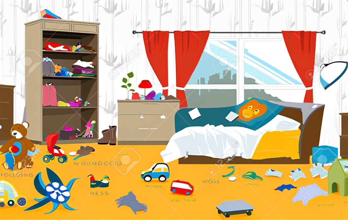 Unordentlicher Raum, in dem junge Familie mit dem kleinen Baby lebt. Unordentliches Zimmer. Karikatur Chaos im Zimmer. Ungesammeltes Spielzeug, Sachen. Reinigung Vektor-Illustration.