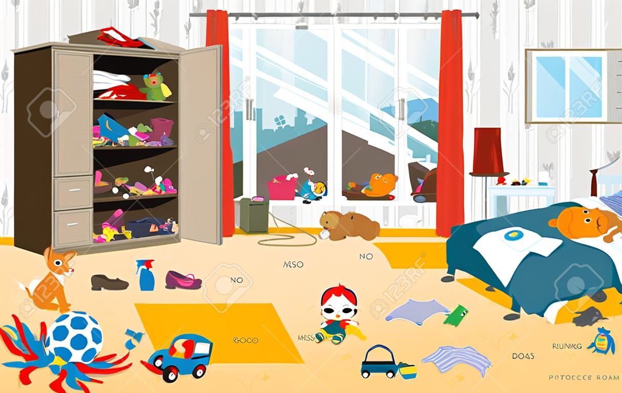 Messy room where young family with little baby lives. Untidy room. Cartoon mess in the room. Uncollected toys, things. Cleaning vector illustration.