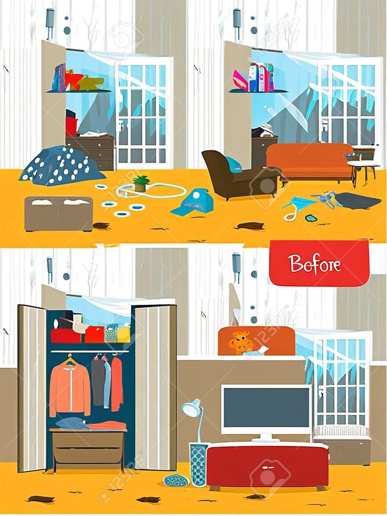 Piszkos és tiszta szoba. Zavar a belső térben. A tisztítás előtt és után. Lapos stílusú vektoros illusztráció.