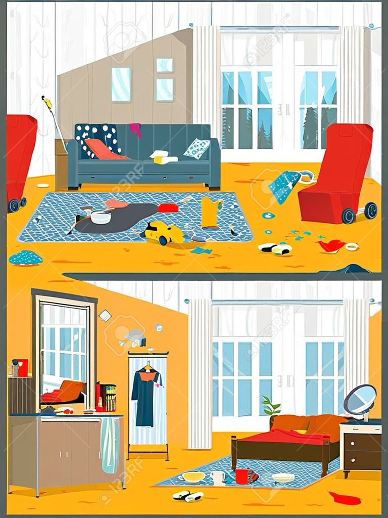 Habitación sucia y limpia. Desorden en el interior. Habitación antes y después de la limpieza. Ilustración vectorial de estilo plano.