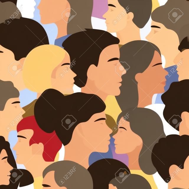 Seamless pattern of different people profile heads. Humans of different gender, ethnicity, and color. Vector background