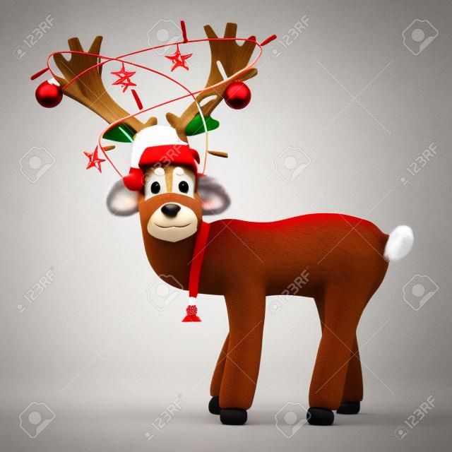 Funny reindeer with Santa Claus hat and decoration on the antler isolated on white background 3D rendering