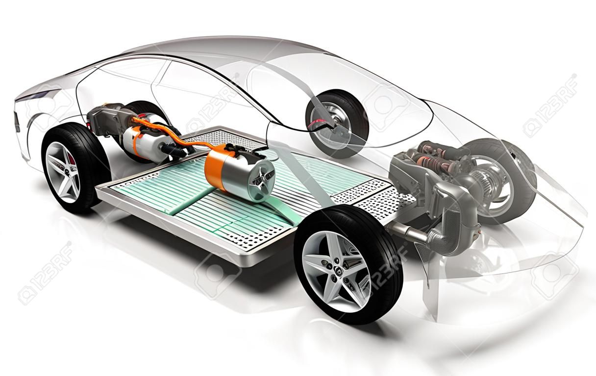 Coche eléctrico moderno con batería, chasis de vehículo de rayos X, representación 3D