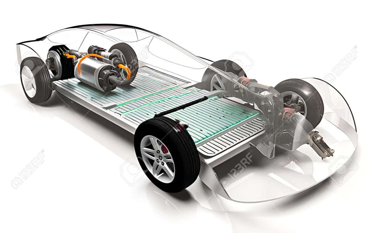 Coche eléctrico moderno con batería, chasis de vehículo de rayos X, representación 3D