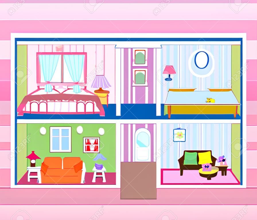 Two floors storey Doll house with cute attic, doll house living room, bathroom, eating room and bedroom vector illustration. All furnished and beautifully decorated.