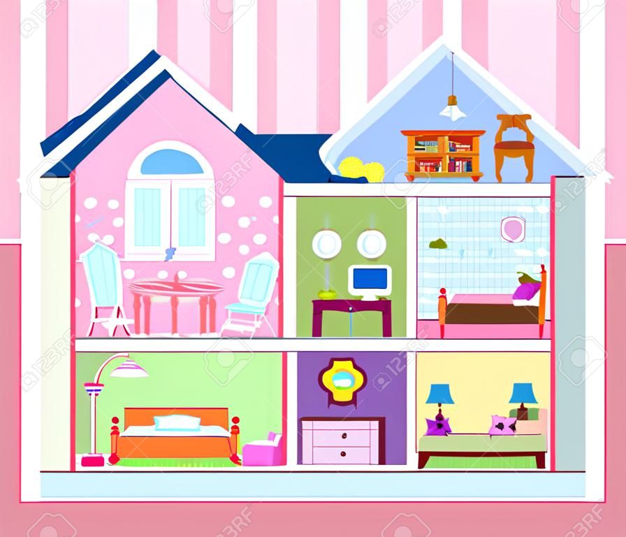 Due piani piano casa di bambola con mansarda carino, casa di bambola soggiorno, bagno, camera da letto di mangiare e illustrazione vettoriale. Tutti arredati e ben arredate.