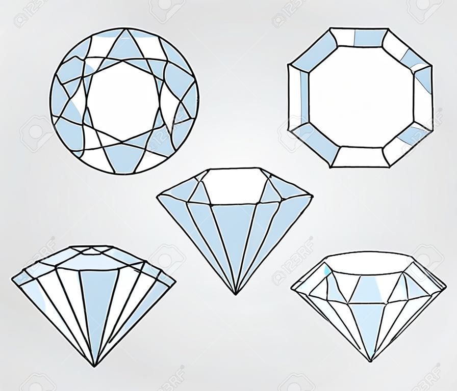 Öt csillogó gyémánt sziklák különböző szögekből szemszögéből vektoros illusztráció vázlatot.
