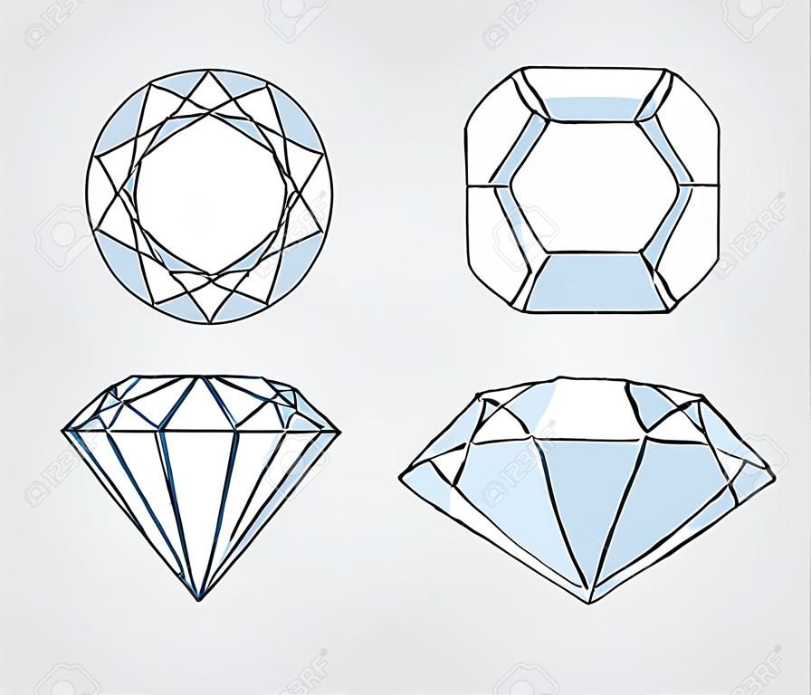 Five Sparkling diamond rocks from different angles point of view vector illustration sketch.