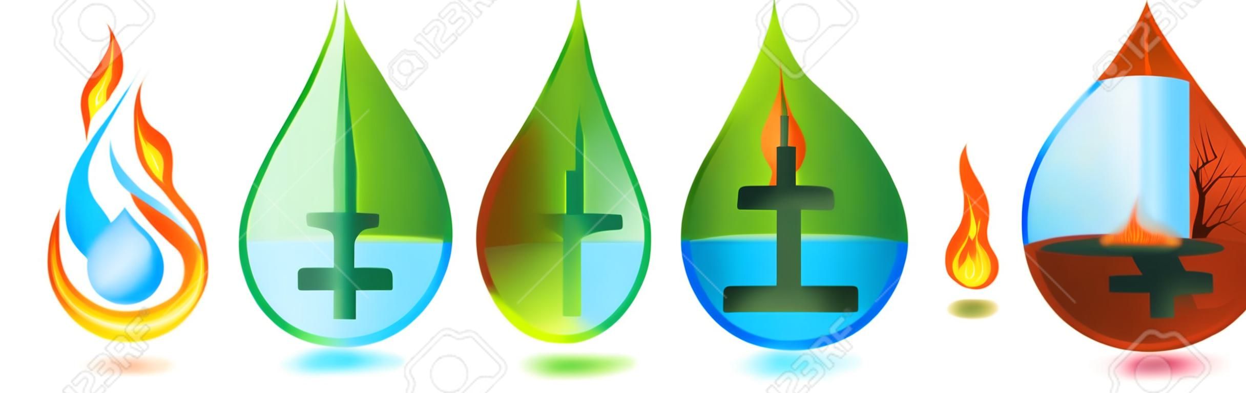 這五個中國元素，用木，水，火，金屬和地球滴。矢量插圖卡通。