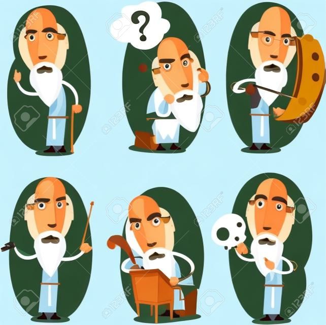 哲學家哲學的哲學哲學家在行動設置。向量插圖卡通。