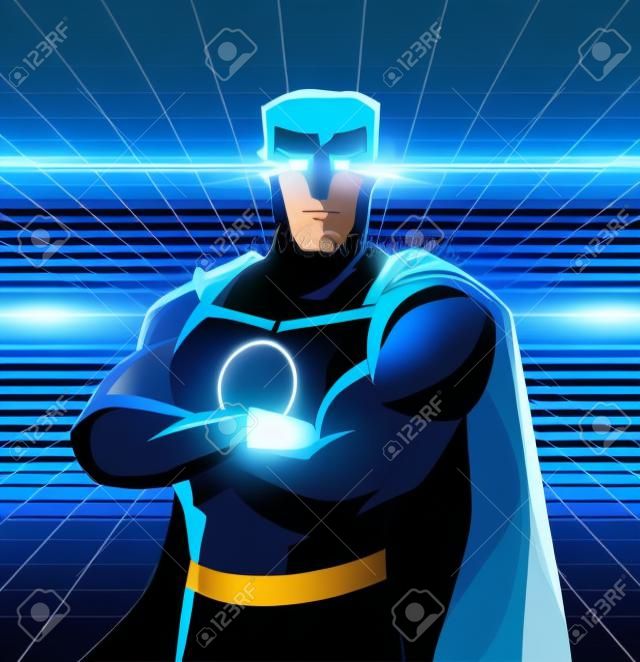 Superhero galaxy with shining eyes and blue costume in between dimensions galaxy power. With blue costume and light blue cape, black belt and superhero power on its chest vector illustration.