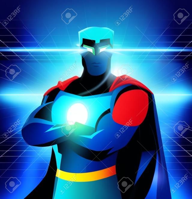 Superheld sterrenstelsel met glanzende ogen en blauwe kostuum in tussen dimensies melkwegkracht. Met blauwe kostuum en lichtblauwe cape, zwarte riem en superheld kracht op de borst vector illustratie.