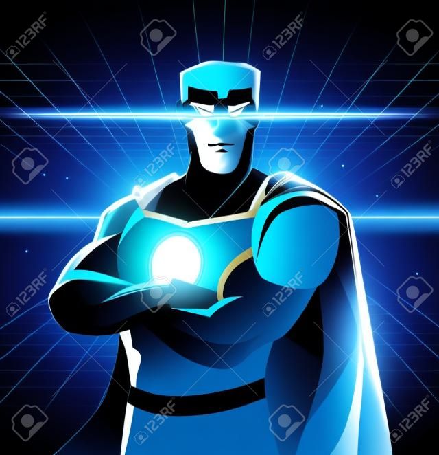Superhero galaxy with shining eyes and blue costume in between dimensions galaxy power. With blue costume and light blue cape, black belt and superhero power on its chest vector illustration.