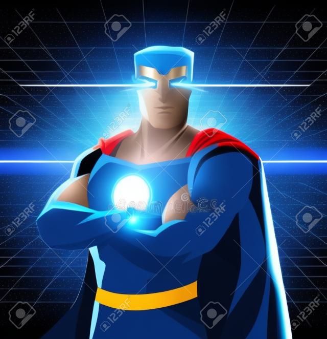 Superhero galaxie avec des yeux brillants et costume bleu entre les dimensions galaxy pouvoir. Avec bleu costume et une cape bleu clair, ceinture noire et la puissance de super-héros sur son vecteur de la poitrine illustration.