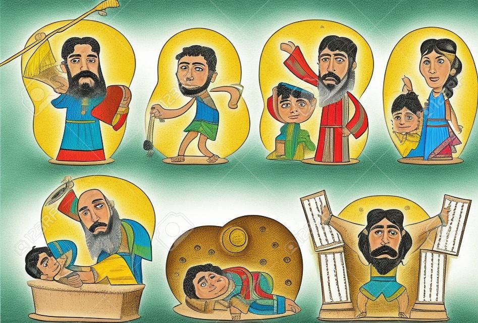 Samson, Noe, Moises, Judith, David Joseph et Abraham. illustration de bande dessinée.
