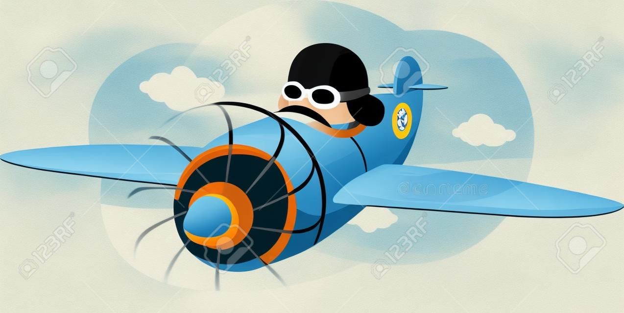 fumetto illustrazione di un ragazzo che guida un aeroplano.