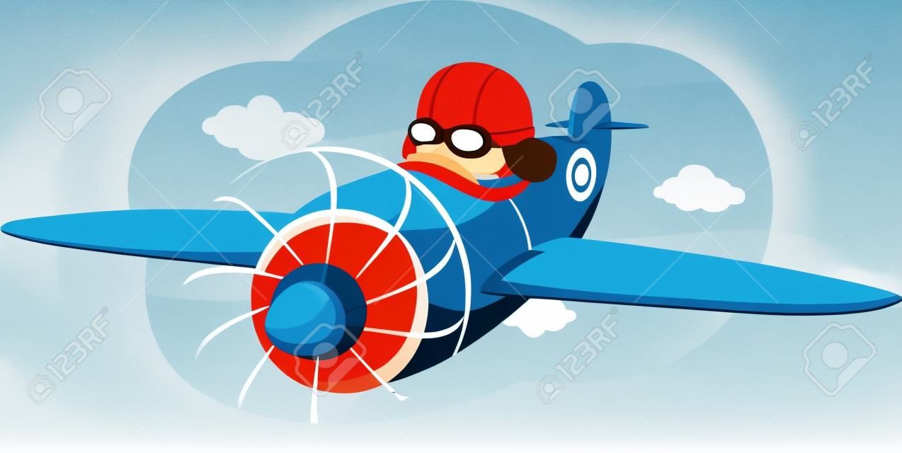 fumetto illustrazione di un ragazzo che guida un aeroplano.