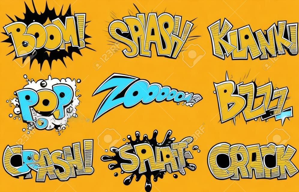 Fumetti Cartoon Effetti sonori onomatopea, illustrazione vettoriale dei cartoni animati. Boom, schizzo, Klank, plop. zoom, bzzz, crash, splat, crepa.