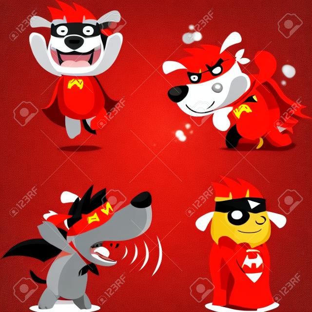 超級英雄狗在超級英雄小狗一樣的情況下，超級英雄狗跑，戰鬥，超級英雄氣息與紅衣矢量插圖。