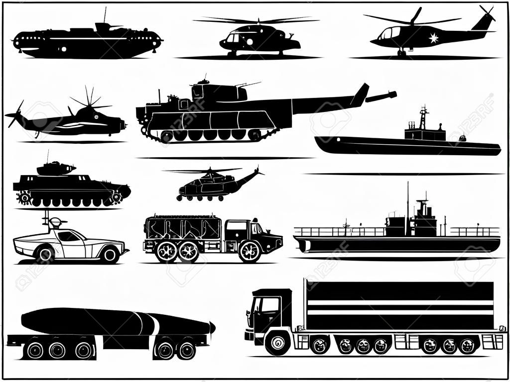 War Vehicles Black & White, with tank, war plane, war air craft, war missile air craft, helicopter, transporter, ship, war ship, war submarine, war cargo truck. Vector illustration.