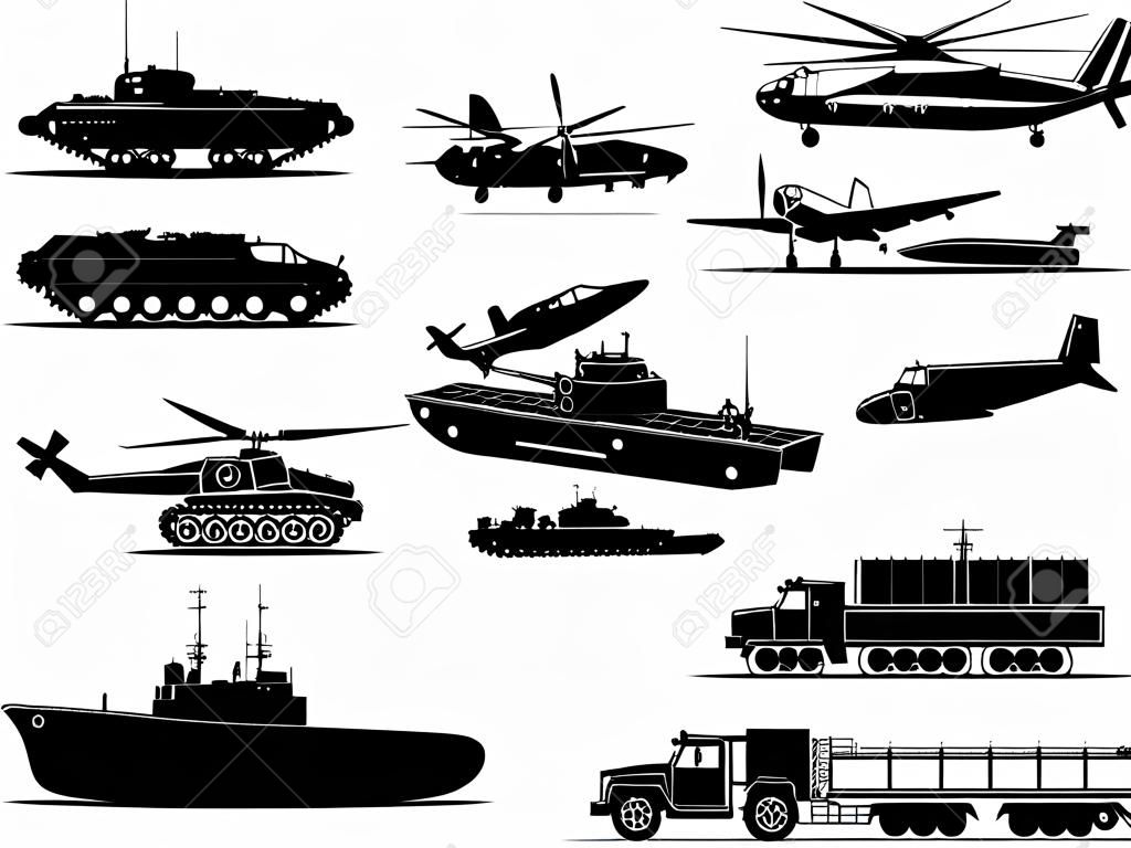 戰爭車輛黑白，用坦克，戰機，戰爭航空器，導彈戰航空器，直升機，運輸，船舶，軍艦，潛艇戰，戰爭貨運卡車。矢量插圖。